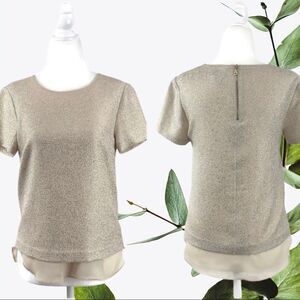 DKNY Layered Cream & Gold Metallic Blouse